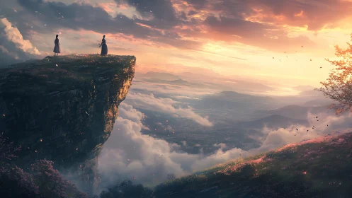 Two figures share a quiet farewell atop a glowing skycliff