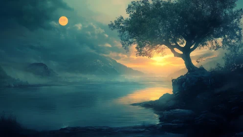 Solitary tree above misty river at dual moonlit sunset.