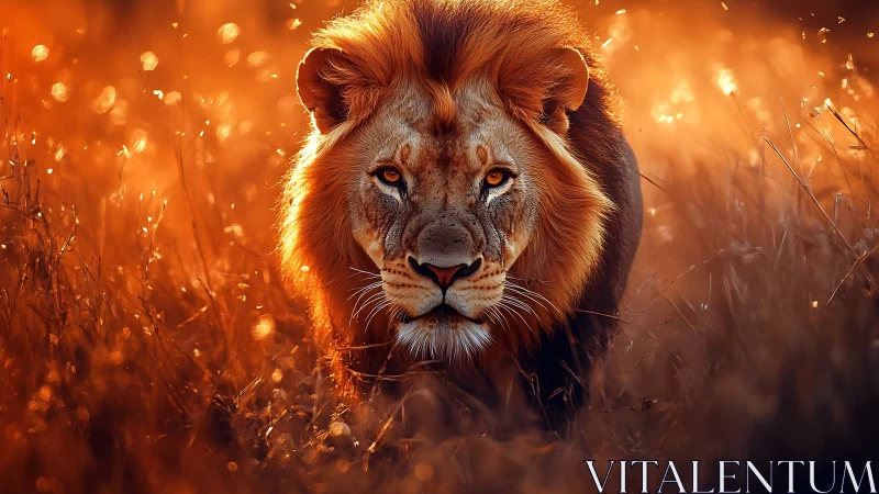 Golden hour lion strolling through glowing savanna grass.