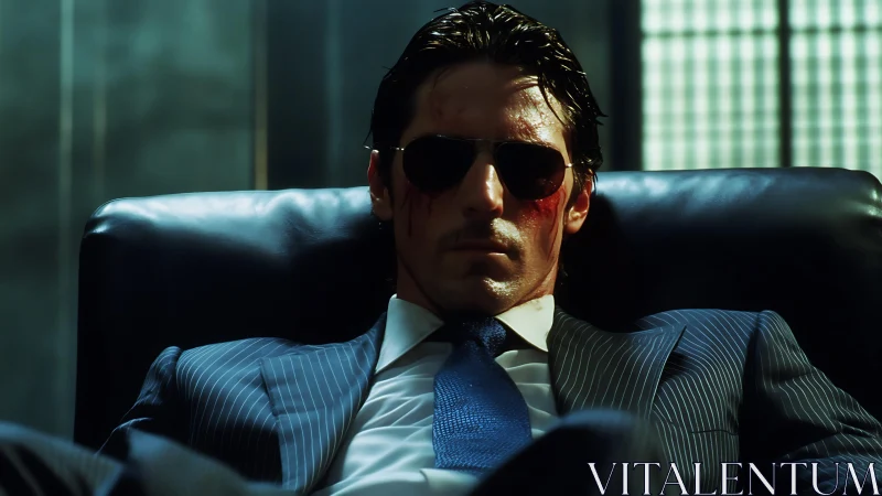 Bruised corporate antihero reclines in stylized neon office.