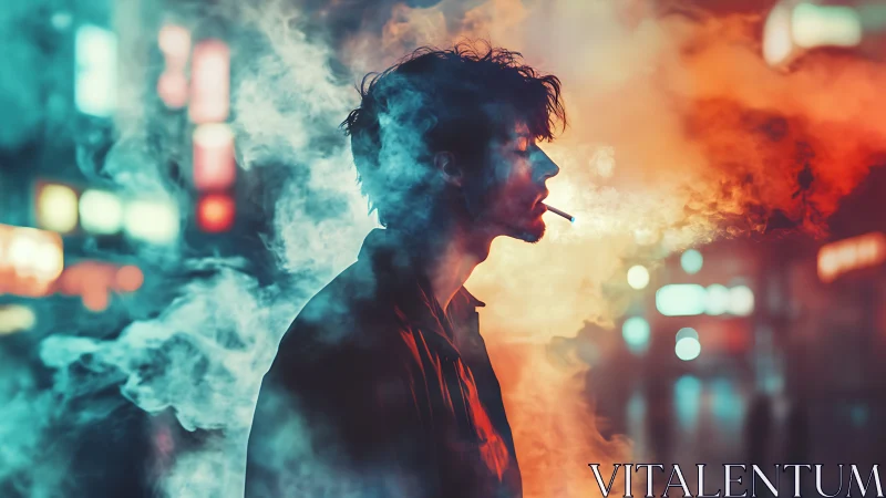 Silhouetted smoker in neon city haze at night street.