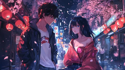 Anime couple under cherry blossoms on neon city street.