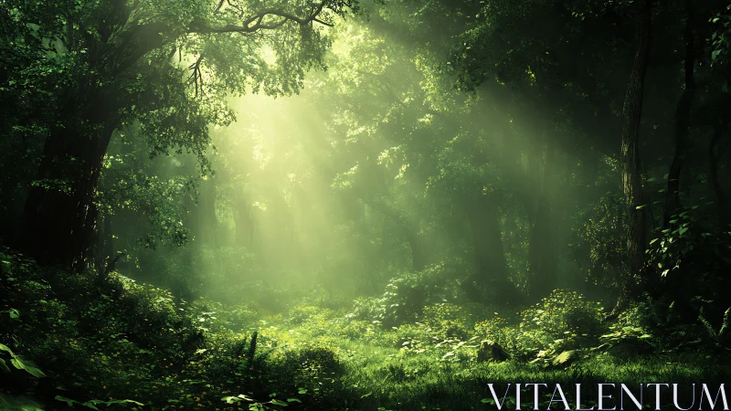 Dense Temperate Forest Canopy with Volumetric Luminescence.