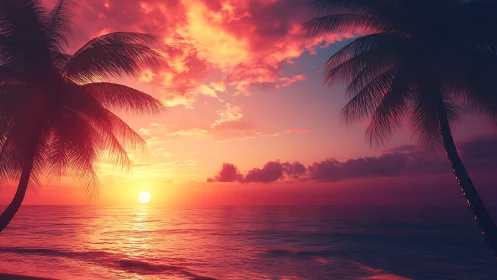 Spectral-gradient tropical seascape with silhouetted palm canopy.