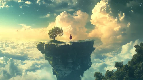 Surreal digital painting of lone figure on floating sky plateau.