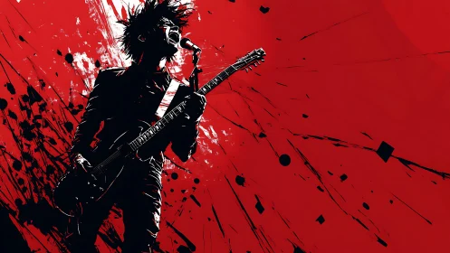 Rock guitarist silhouette explodes against red backdrop.