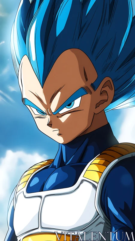 Blue-haired anime warrior in armored bodysuit against sky