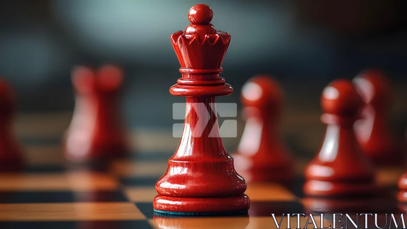 Red Queen Chess Piece in Focus on Classic Chessboard, Artistic Style.