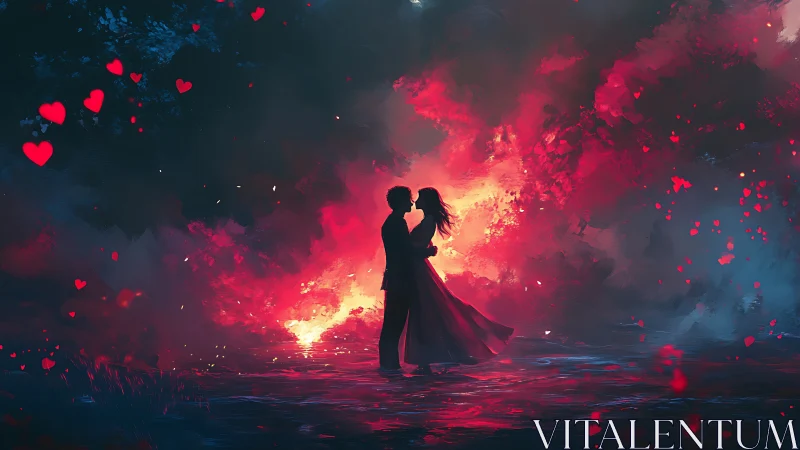 Two figures in silhouette embrace within atmospheric light and particle effects.