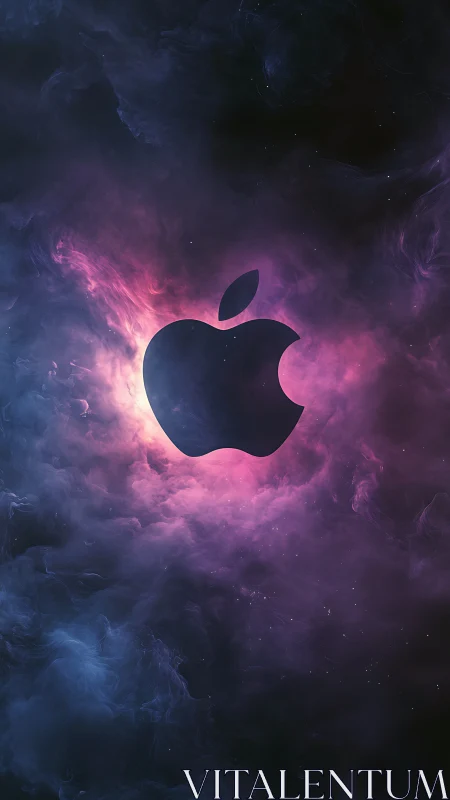 Cosmic nebula backlit silhouetted apple-shaped emblem design.