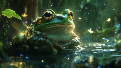 Majestic frog rests in glowing pond with firefly lights.