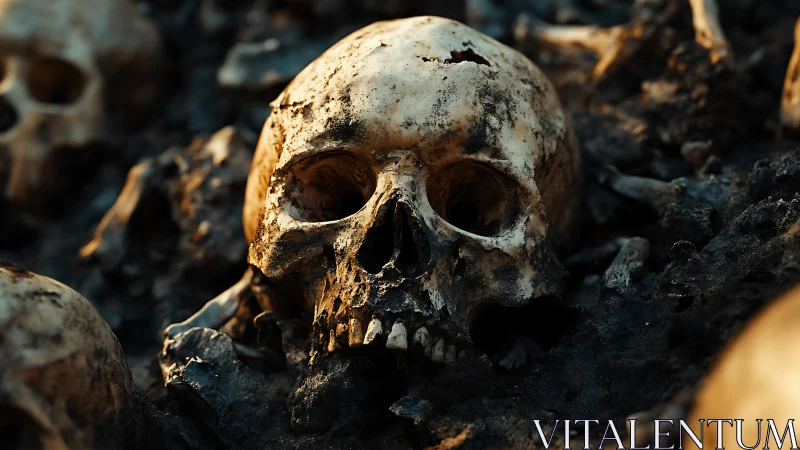 Weathered human skull amid soil and scattered bone remains.