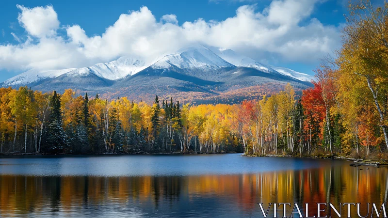 Snow-capped alpine range above autumn birch forest and lake