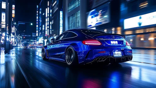 Midnight blue sports coupe racing through neon city streets.