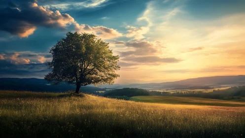 Photorealistic lone tree at golden hour on rolling meadowscape.