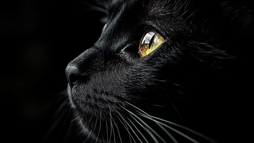 Black Cat With Luminous Golden Eyes Against Darkness.