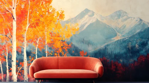 Autumn sofa quietly leans against a painted mountain horizon