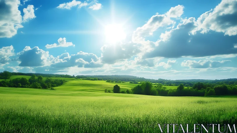 Sunlit agricultural meadow under scattered cumulus clouds.