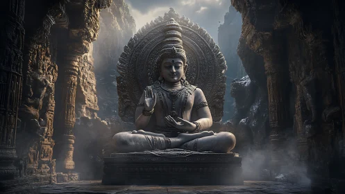 Silent stone guardian in a misty mountain sanctuary.