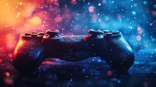 Game controller glowing in vibrant bokeh and colored haze.