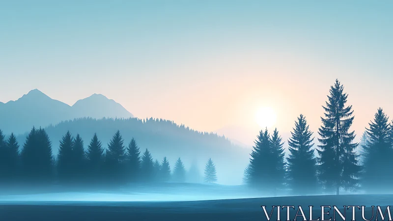 Serene Mountain Lake at Dawn with Misty Pine Forest.