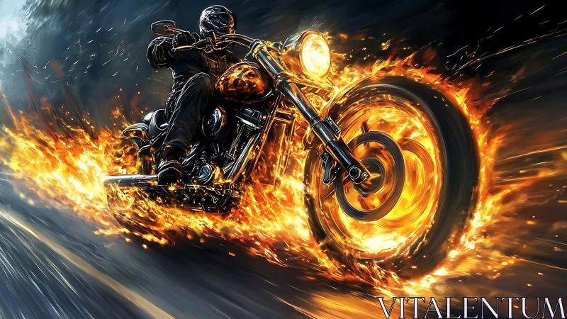 Motorcycle rider executes high-speed burn-out with flaming wheels