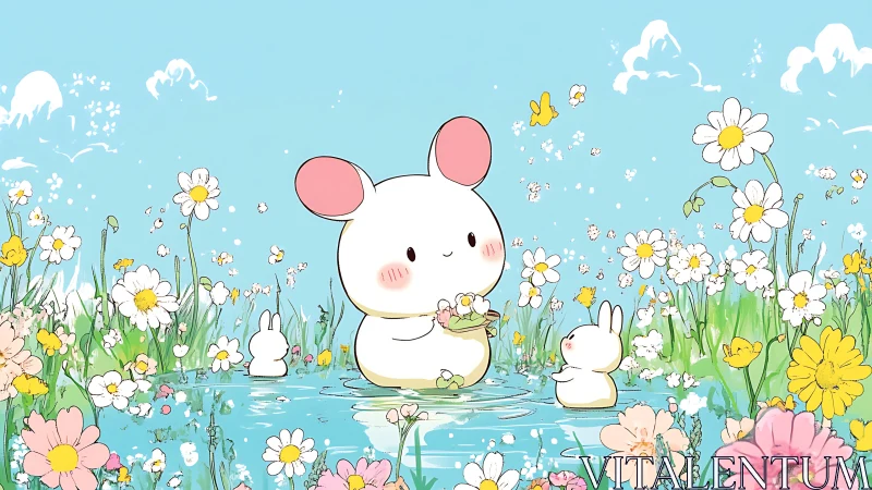 Kawaii animal trio gathers flowers in a luminous spring pond