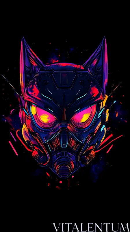 Neon cybernetic cat mask rendered on black background