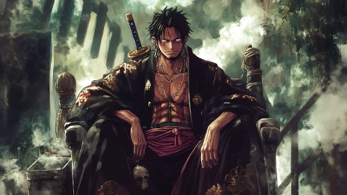 Dark anime swordsman seated on a smoky stone throne.
