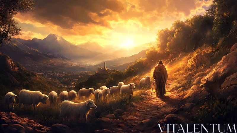 Shepherd leads flock along sunlit mountain valley path.