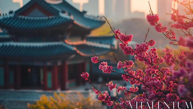 Sunlit cherry blossoms embracing a tranquil city temple.