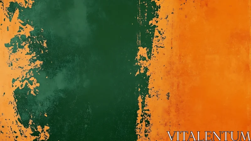 Textured green and orange abstract color field painting.