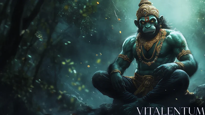 Blue humanoid monkey deity sits cross legged in forest