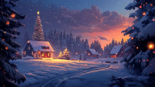 Cozy snowy cabins glow warmly under a peaceful winter sky