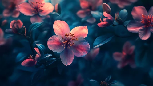 Soft-Focus Coral Blossoms Against Deep Teal Foliage.