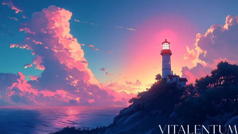 Digital seascape shows lighthouse on headland at sunset