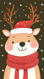 Festive reindeer smiles in scarf and Santa hat illustration.