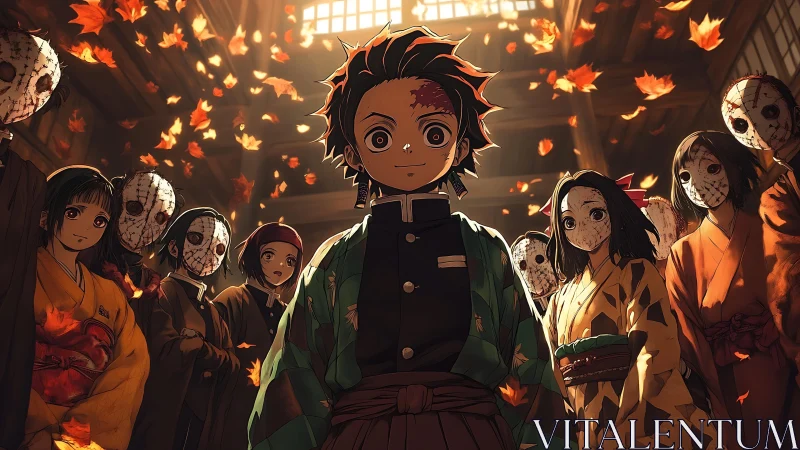Autumn-lit anime hero encircled by masked disciples indoors.