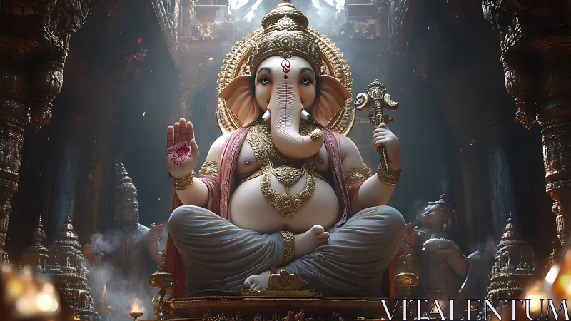 Hyper-detailed Ganesh idol amid volumetric temple luminance.
