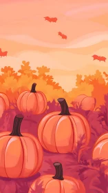 Autumn pumpkin field under pastel sunset sky with bats.