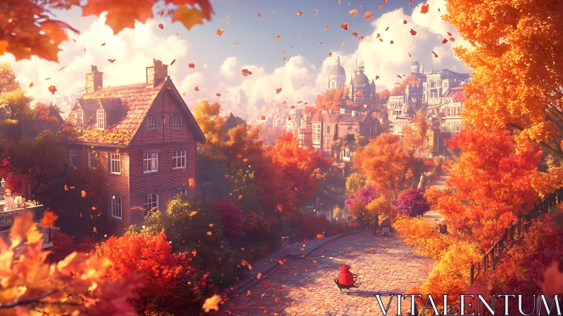 Autumn town street with hillside houses and falling leaves.