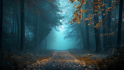 Mystical Forest Path in Teal and Amber Mist.