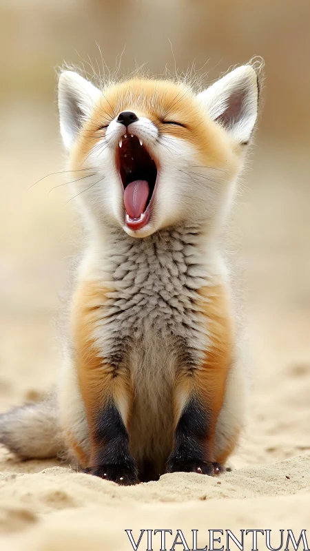Young fox cub yawns while sitting upright on sand