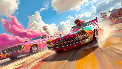 Candy-colored muscle cars in explosive drag race showdown.