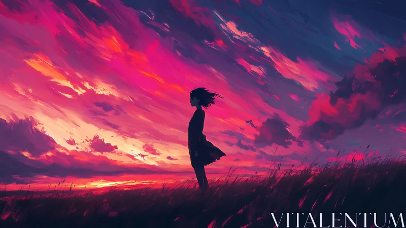 Silhouette girl stands in windswept field under vivid sunset sky