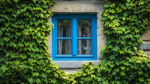 Bright blue cottage window rests amid lush green ivy
