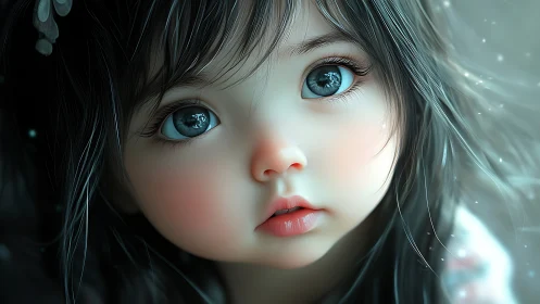 Digital portrait shows wide-eyed child in soft teal light