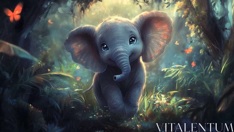Tiny forest elephant greets glowing butterflies at dawn