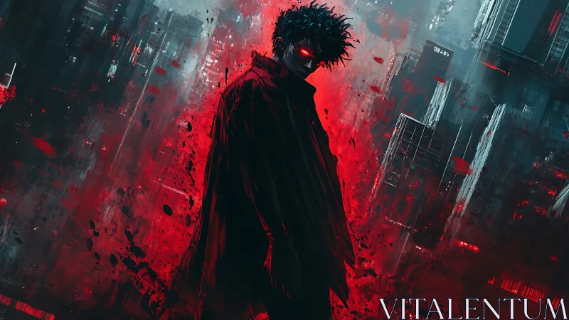 Dark figure with glowing red eyes in chaotic cityscape.