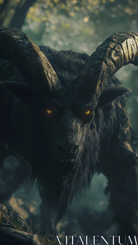 Horned dark beast with glowing eyes in misty forest.